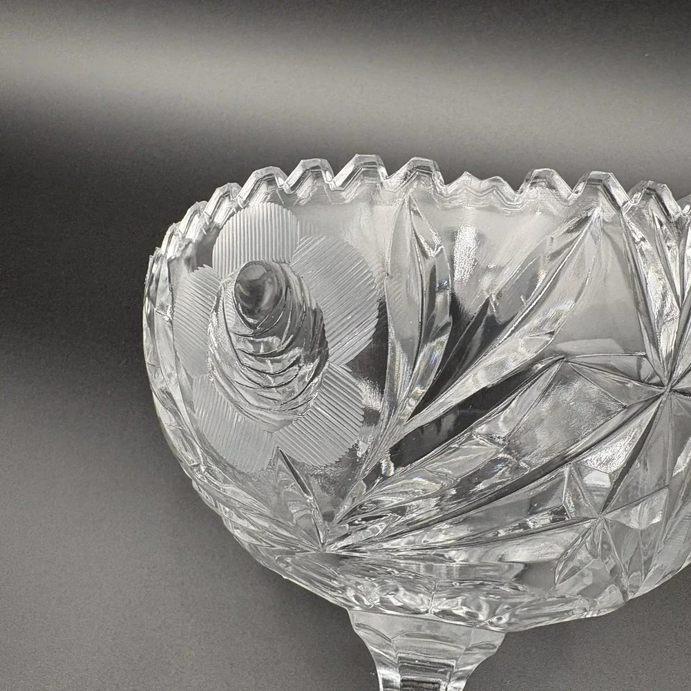Crystal Cut Glass Pedestal Compote Rose Pattern‎ Scalloped 6 Side Base 7